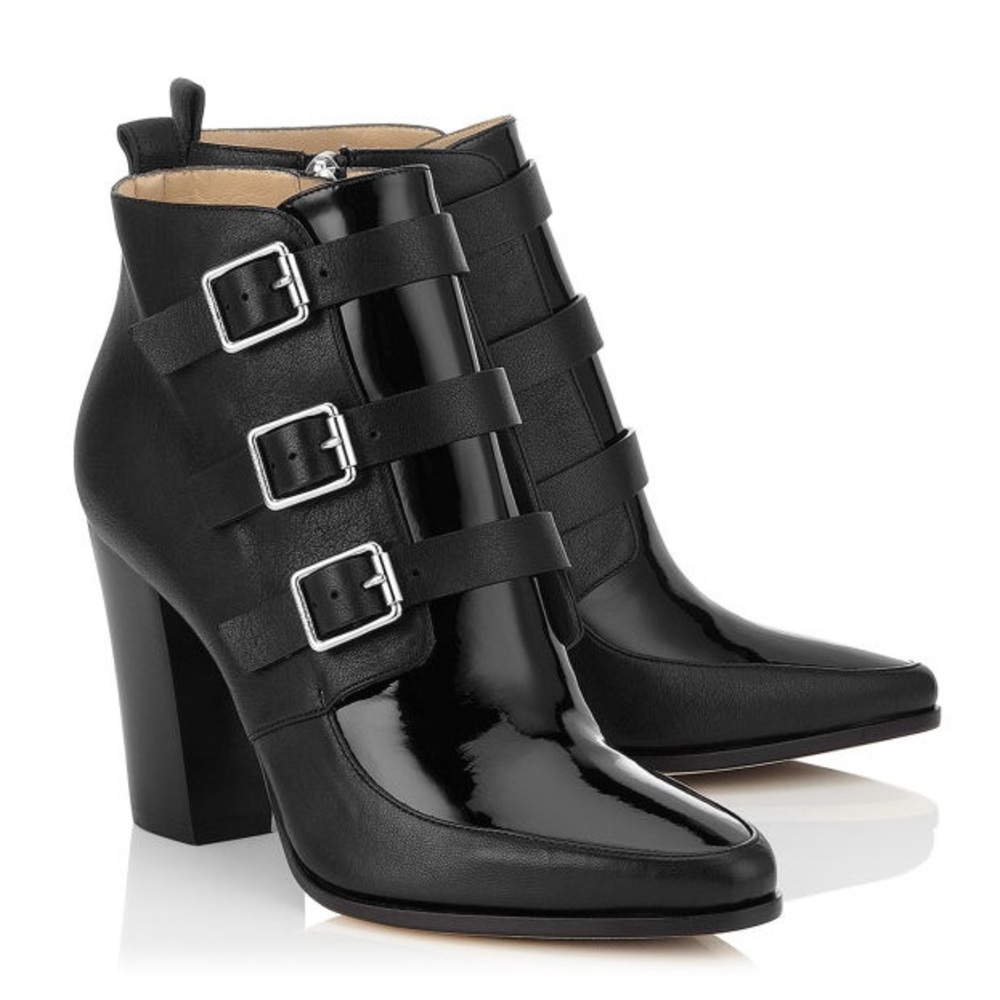 Jimmy Choo Black Leather Hutch Triple Buckle Ankle Boot size 38 IT/EU